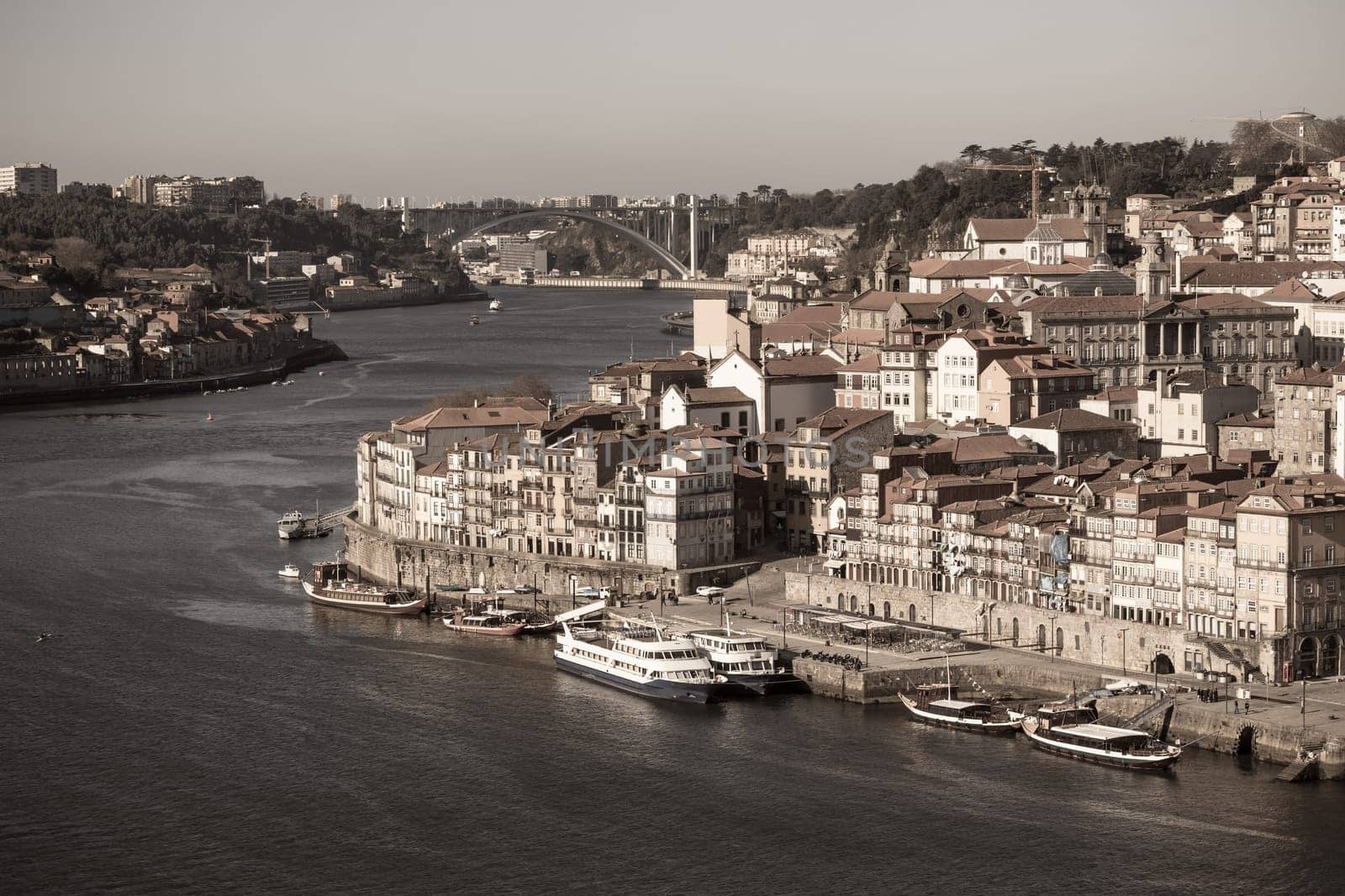 Overview of Old Town of Porto, Portugal. Ribeira and Douro river