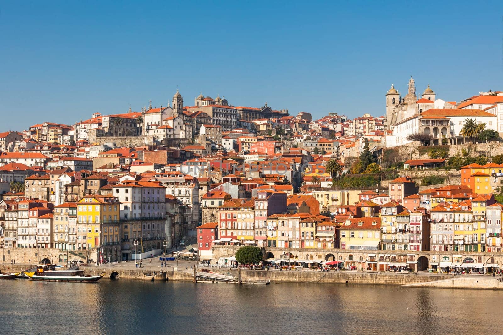 Overview of Old Town of Porto, Portugal. Ribeira and Douro river