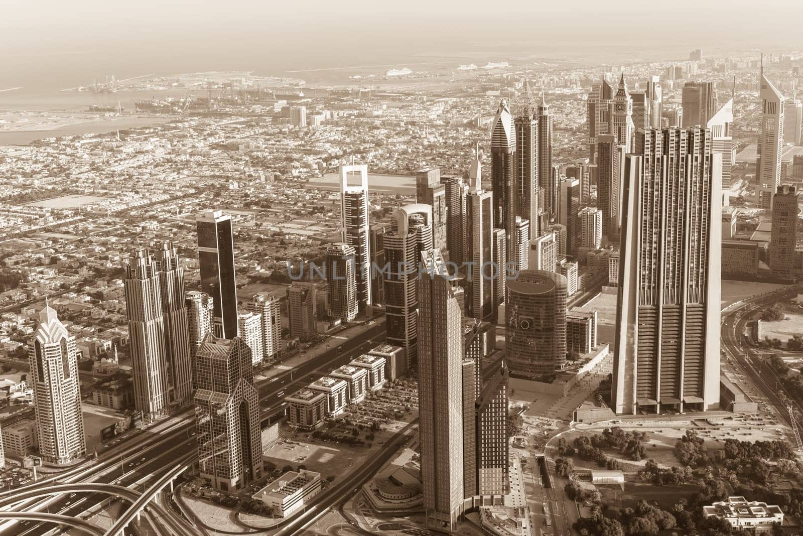 Dubai downtown morning scene. Top view from above. Sepia toned shot
