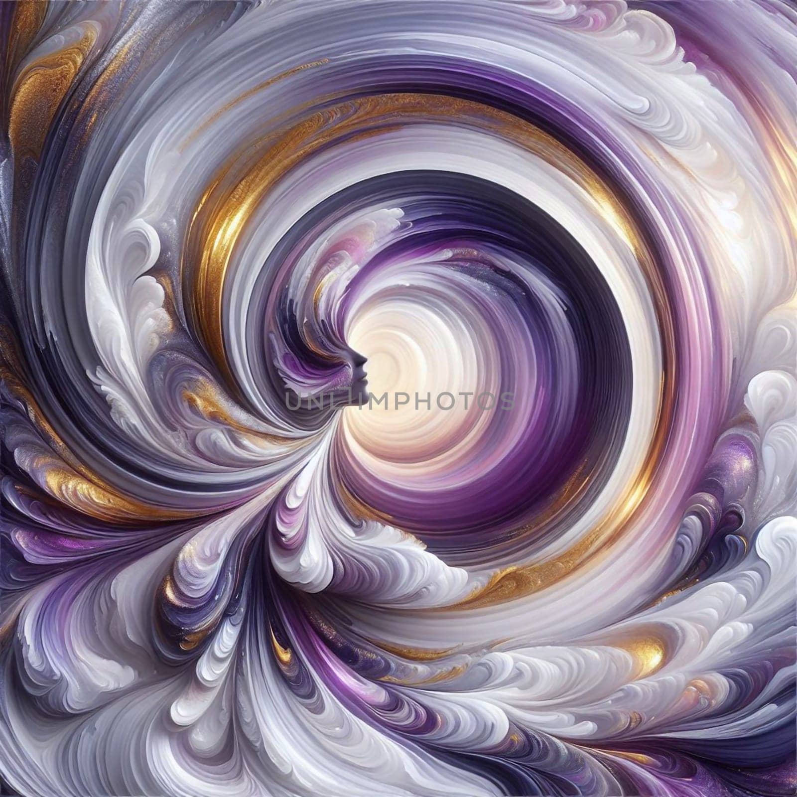 Abstract, swirling patterns of purple, white, and gold, forming the shape of a woman's face. The swirling patterns create a sense of movement and energy. High quality photo
