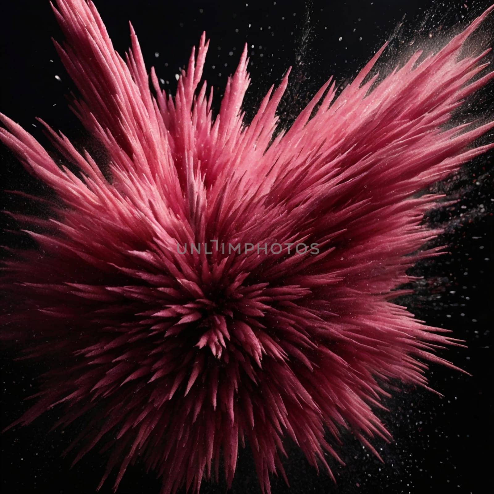 A spiky, pink object resembling a crystal or a frozen flower is surrounded by pink powder. The object explodes outwards with a burst of energy. High quality photo