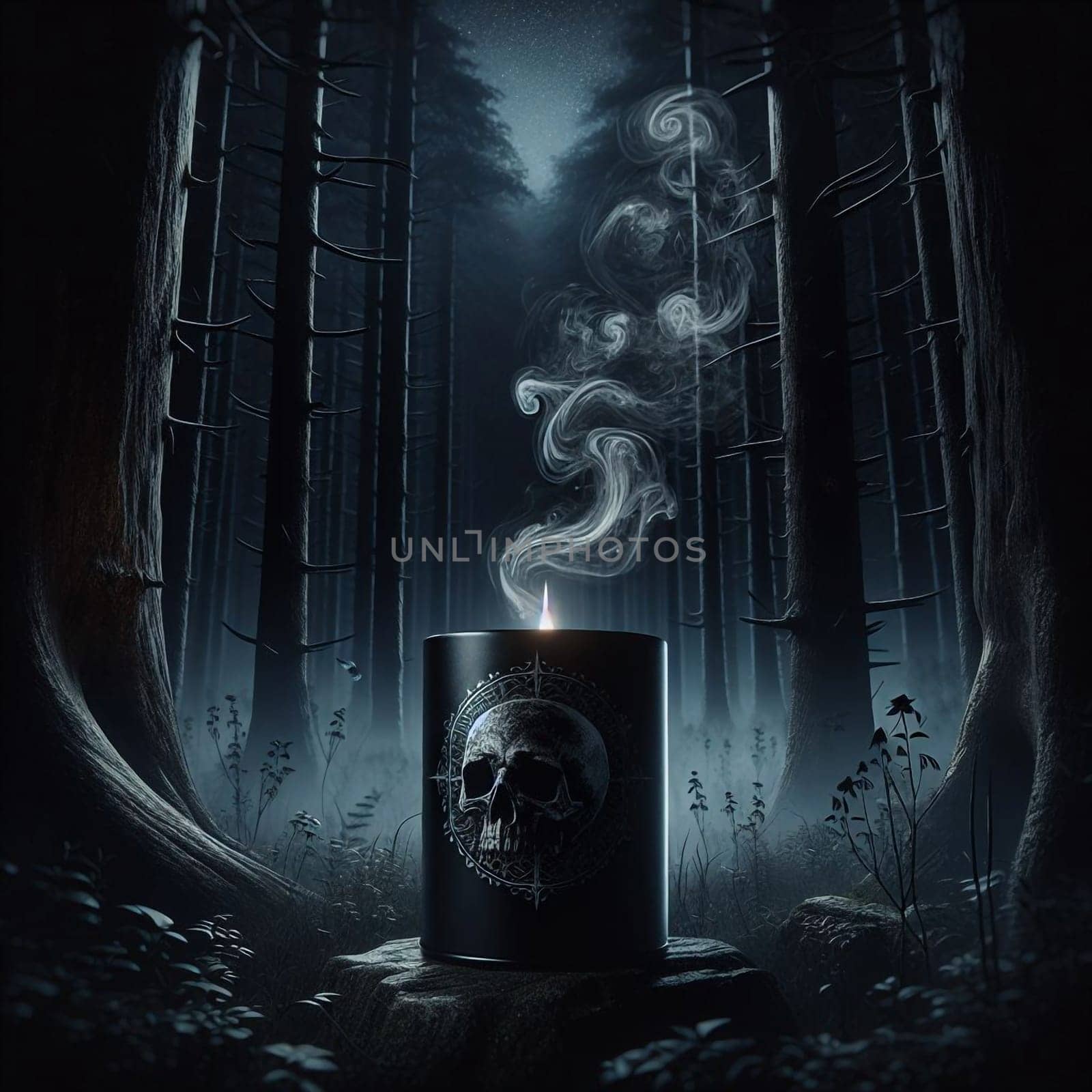 A black candle with a skull design sits on a rock in a dark forest. The candle is lit, and smoke is rising from the flame, creating an eerie and mystical atmosphere. High quality photo