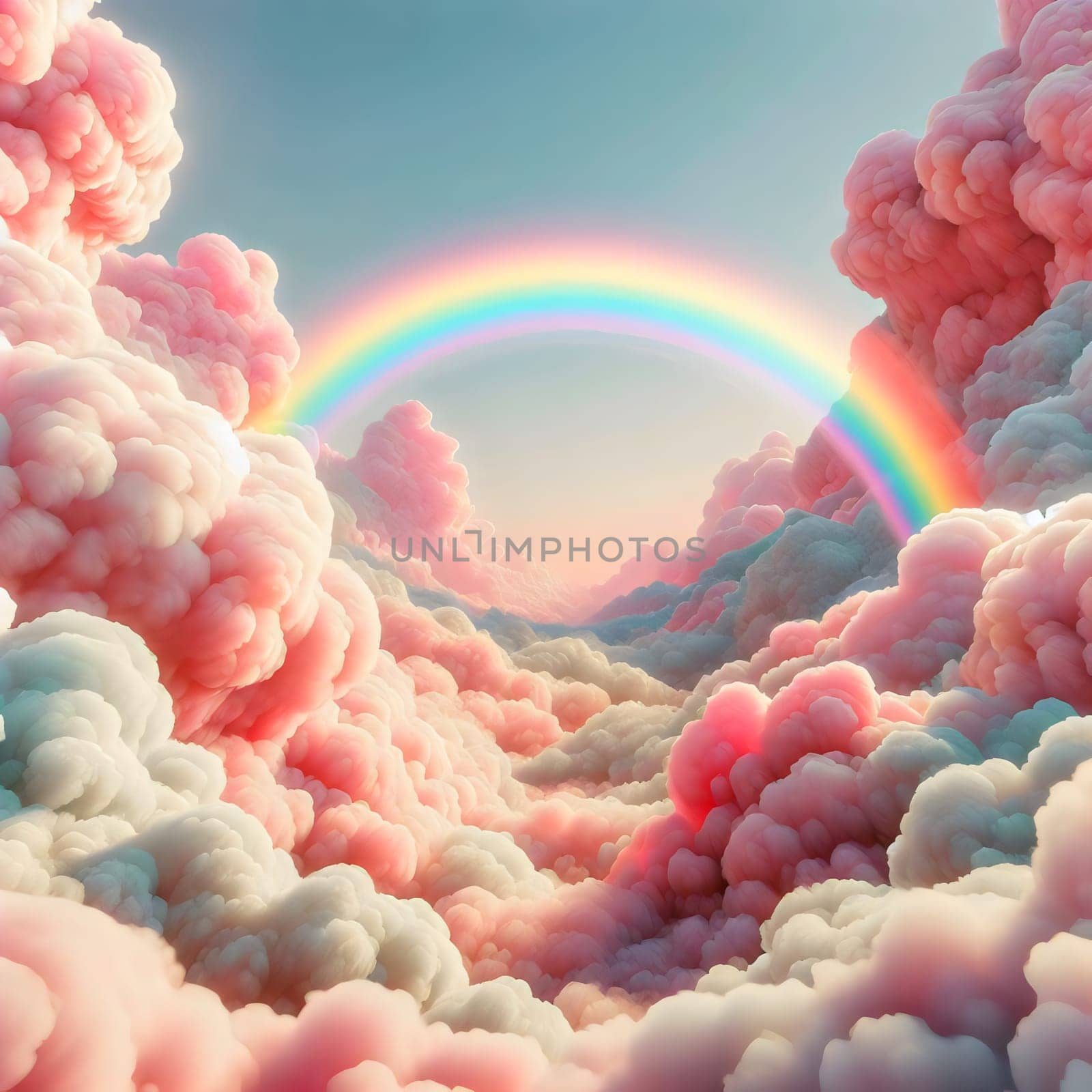 A dreamy, surreal scene of pink and white clouds with a rainbow arching over them. The clouds are fluffy and soft, creating a magical and whimsical atmosphere. High quality photo