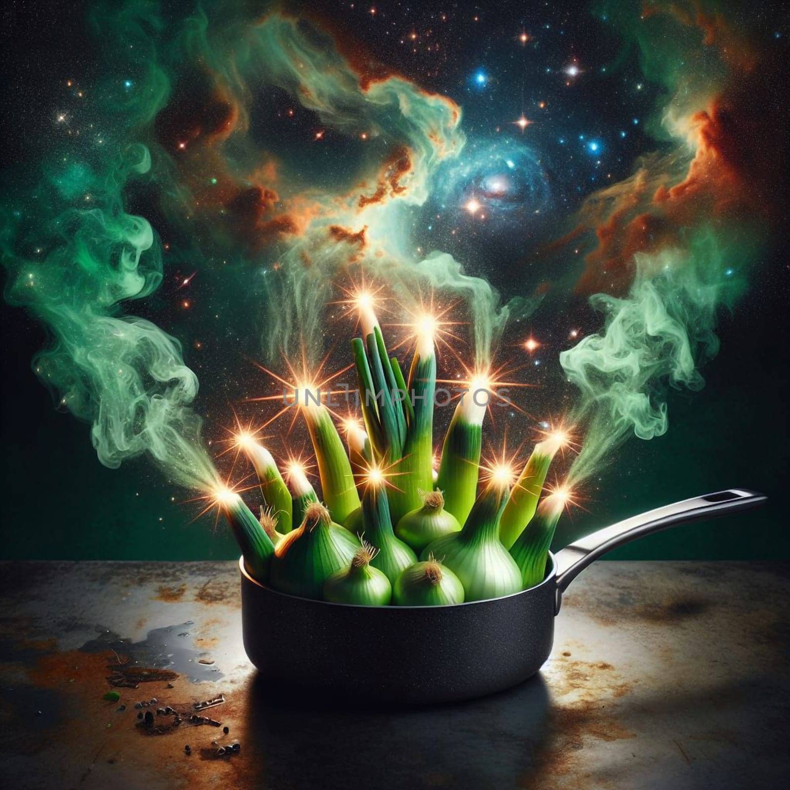 A pot of green onions with glowing lights and green smoke, resembling a magical or alchemical process. The scene is set against a dark, starry background. A high-quality photo.