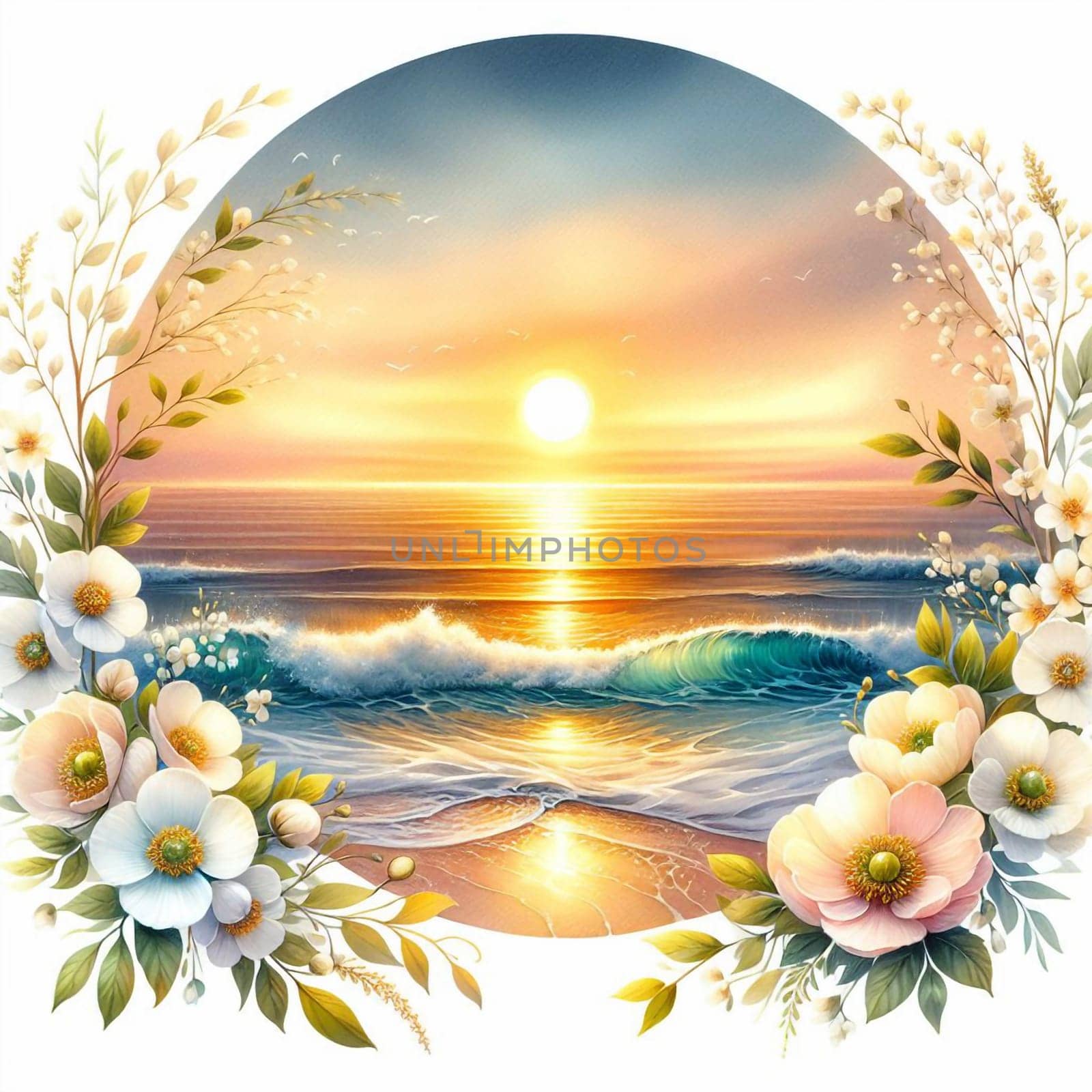 A circular frame showcasing a breathtaking sunset over the ocean. The scene is framed by white flowers and green leaves, adding a touch of romanticism and beauty. A high-quality photo.