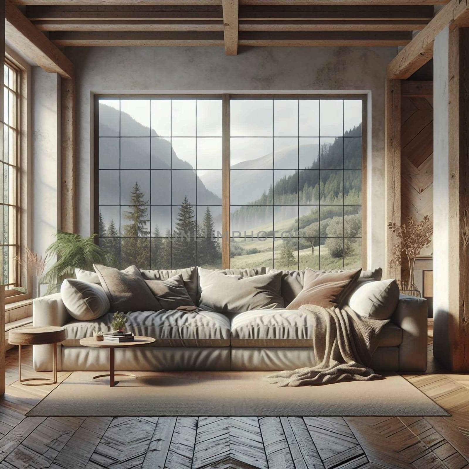 A cozy living room with a large window overlooking a stunning mountain vista. The room is decorated in a rustic style with wooden beams, a comfortable sofa inviting atmosphere. A high-quality photo.