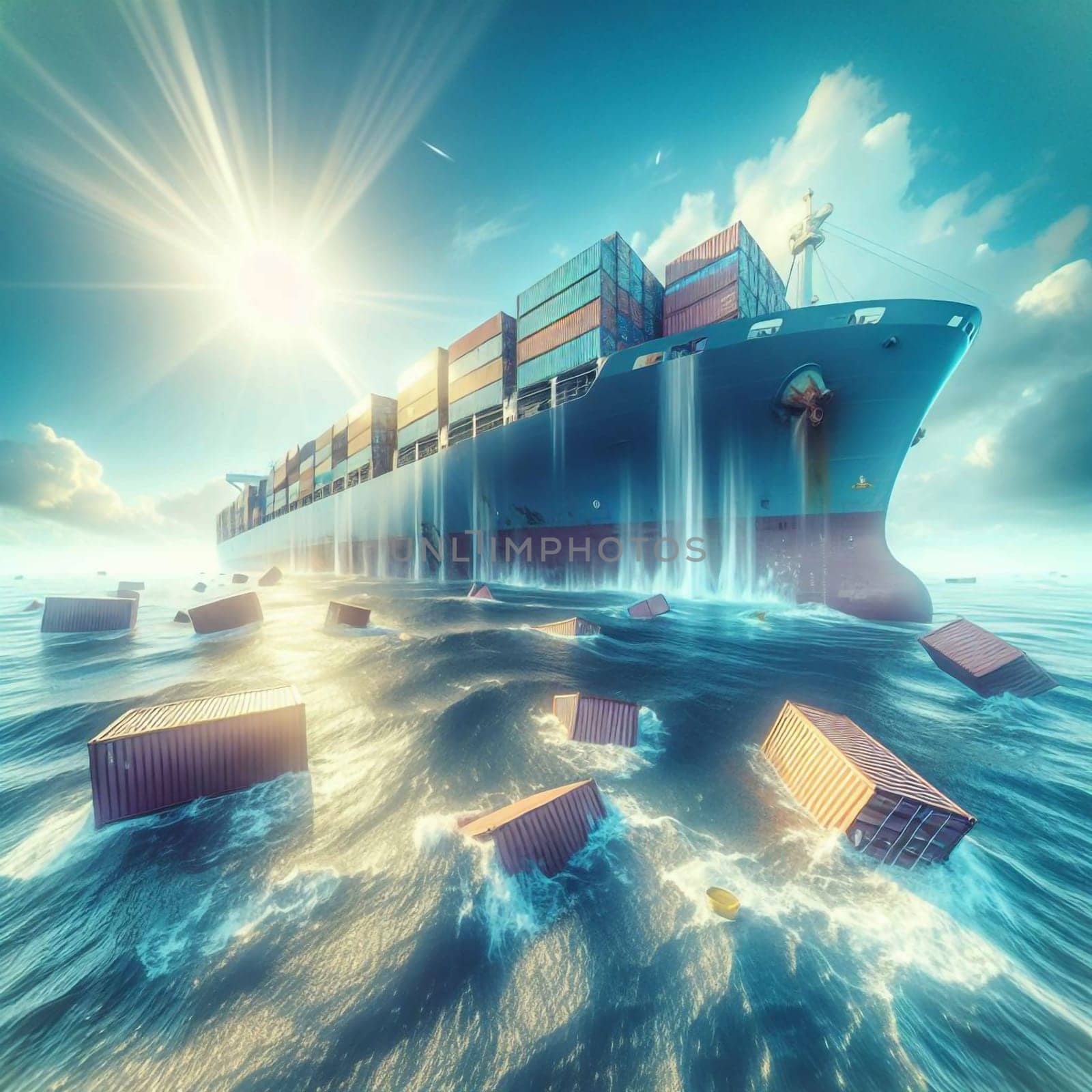 A large cargo ship is sailing through a stormy sea, with several containers falling overboard. The scene represents the dangers of shipping and the potential for disaster. A high-quality photo.