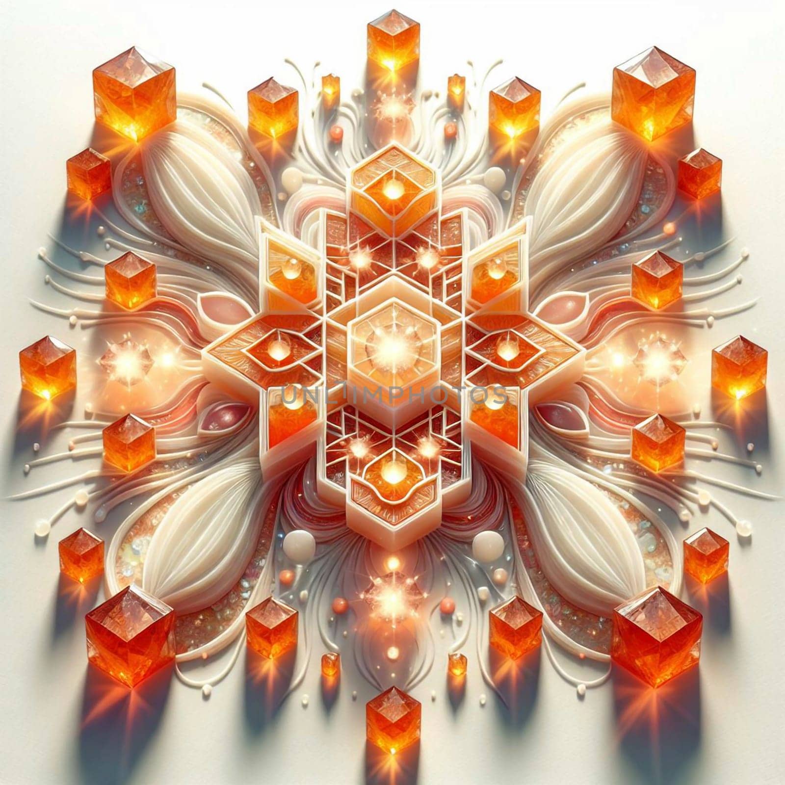 A geometric design featuring a central snowflake shape surrounded by orange cubes and intricate white lines. The scene is luminous and radiant. A high-quality photo.
