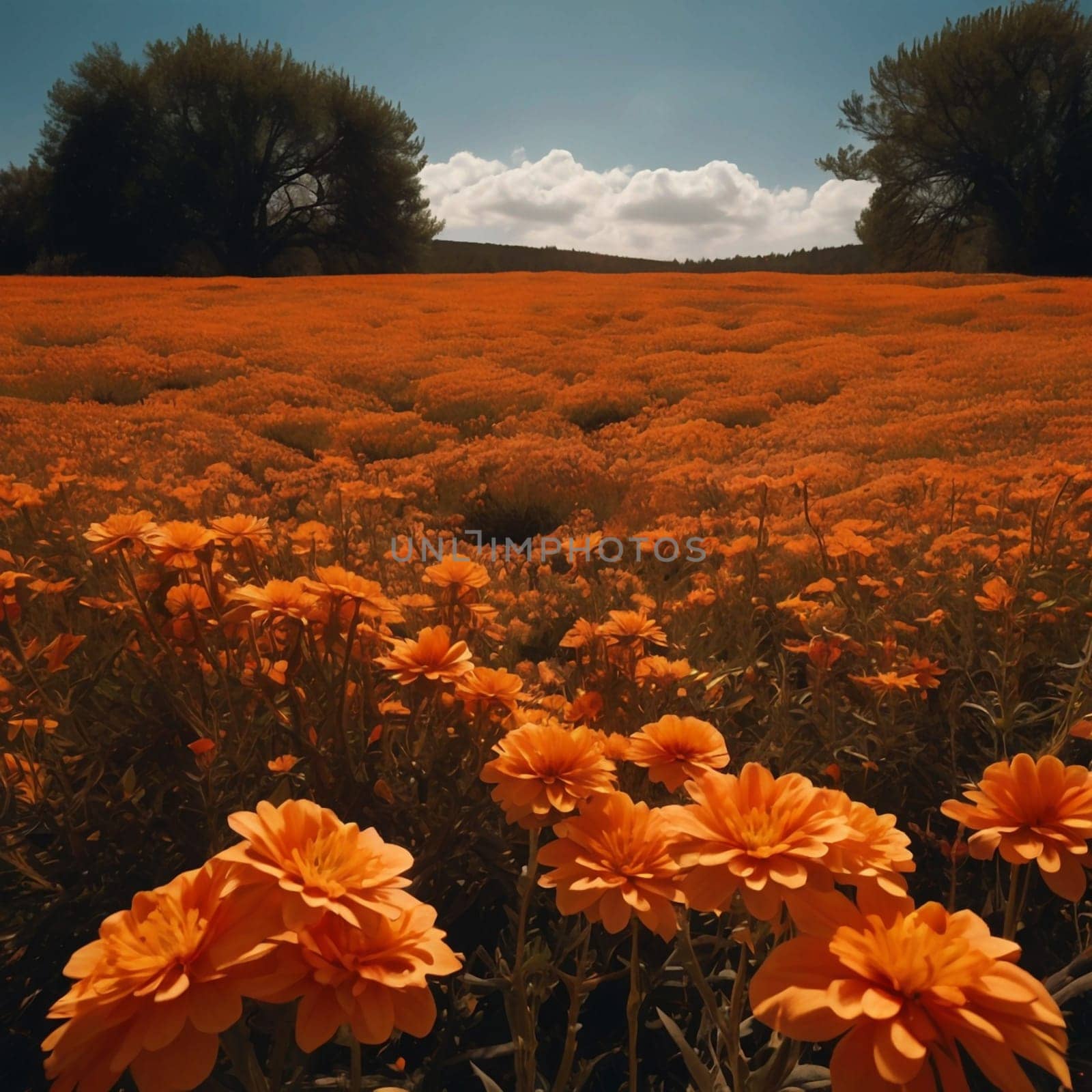 A field of bright orange flowers with a few trees in the background. The sky is blue and cloudy, with warm sunlight filtering through the trees. High quality photo