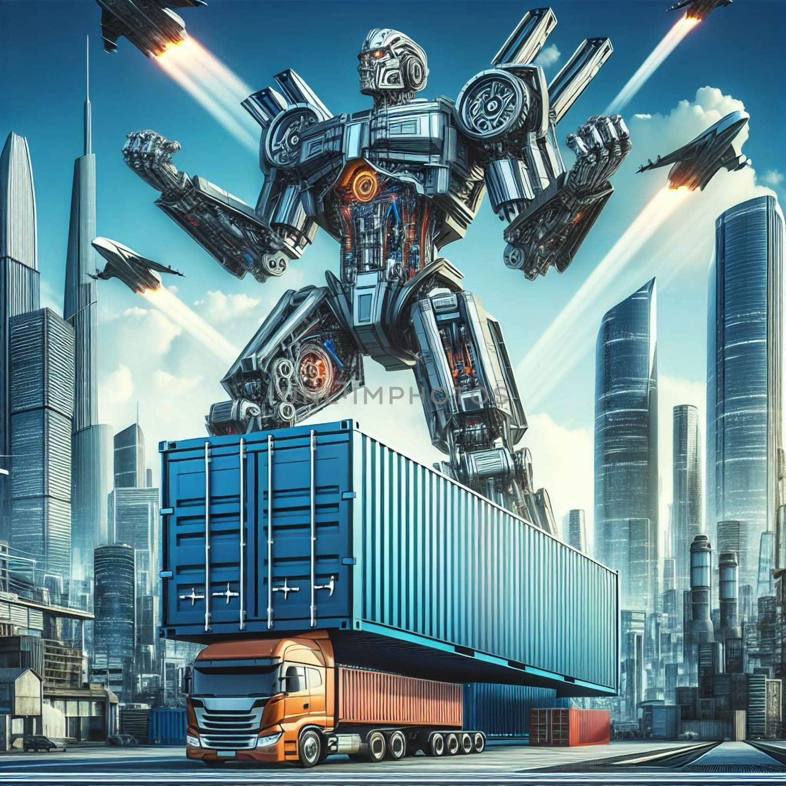 A giant robot stands over a semi-trailer truck and container, showcasing its immense size and power. The scene is set in a futuristic cityscape. A high-quality photo.