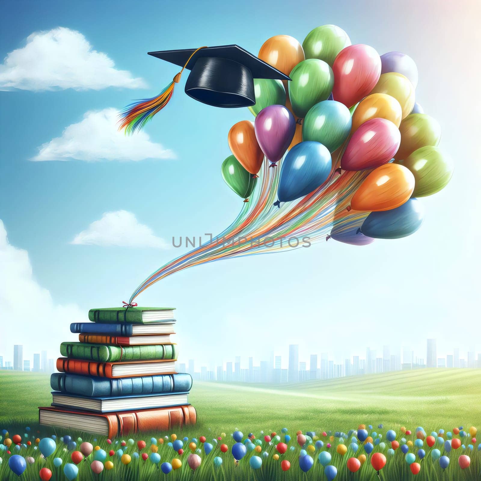 A stack of books with a graduation cap and colorful balloons floating above them, symbolizing the joy and achievement of completing education. A high-quality photo.