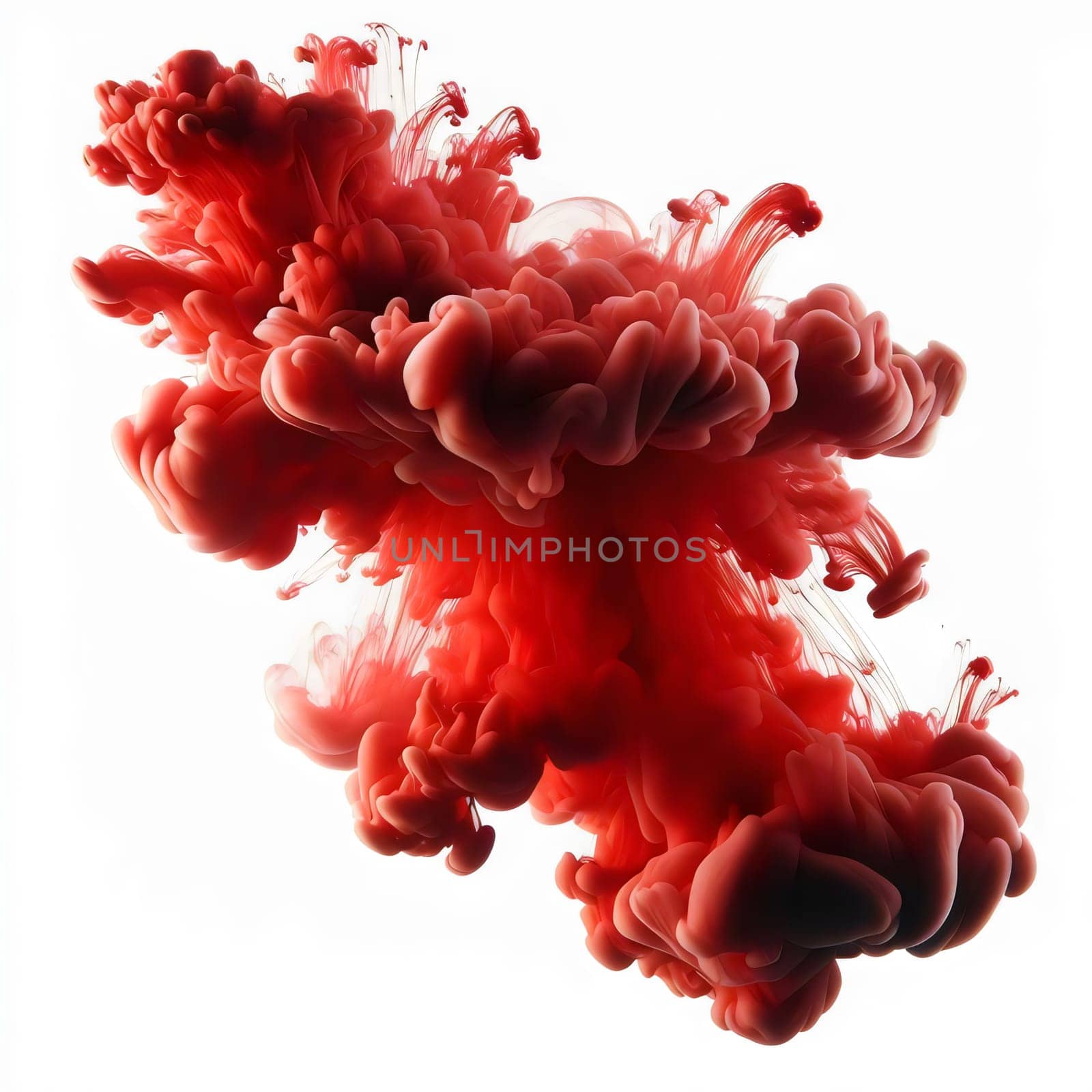 A swirling cloud of red ink, captured in motion as it disperses in water. The ink creates an abstract and dynamic pattern, with shades of red and pink. A high-quality photo.