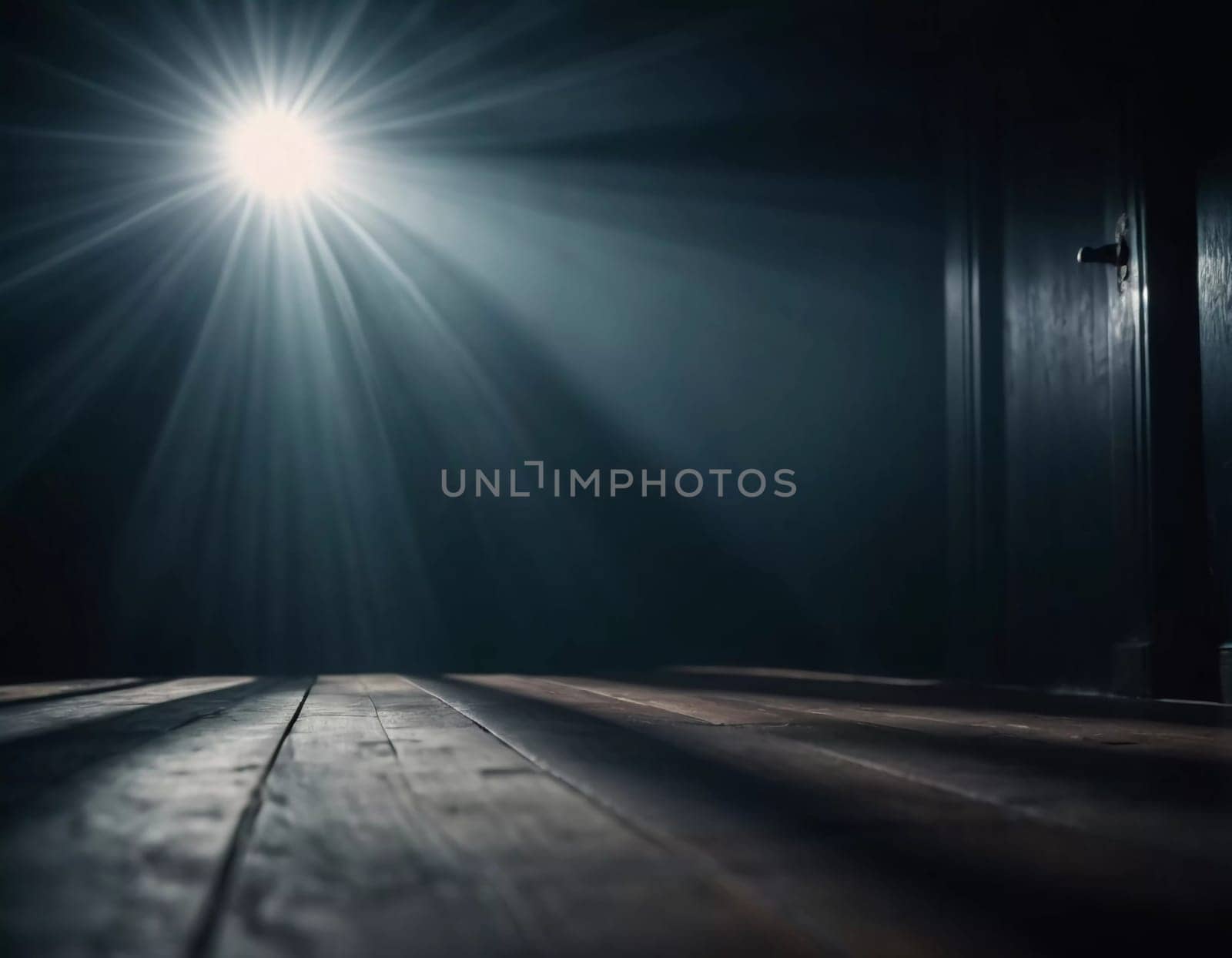 Dim light filters through shadows in a deserted room, enhancing the haunting ambiance as it illuminates the worn wooden floor. The silence amplifies the feeling of unease. Generative AI.