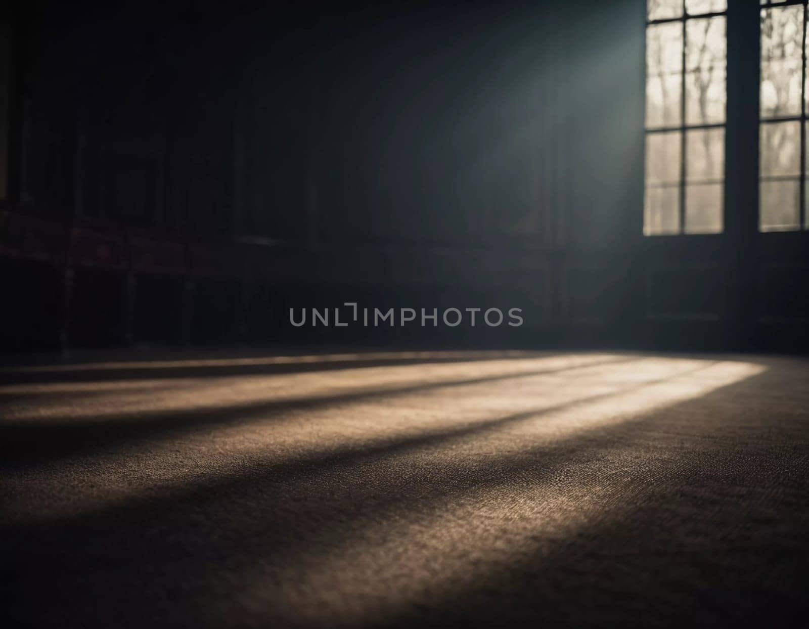 Dim light filters through dusty windows, casting eerie shadows upon the floor. The atmosphere is thick with an unsettling calmness, creating a sense of foreboding. Generative AI.