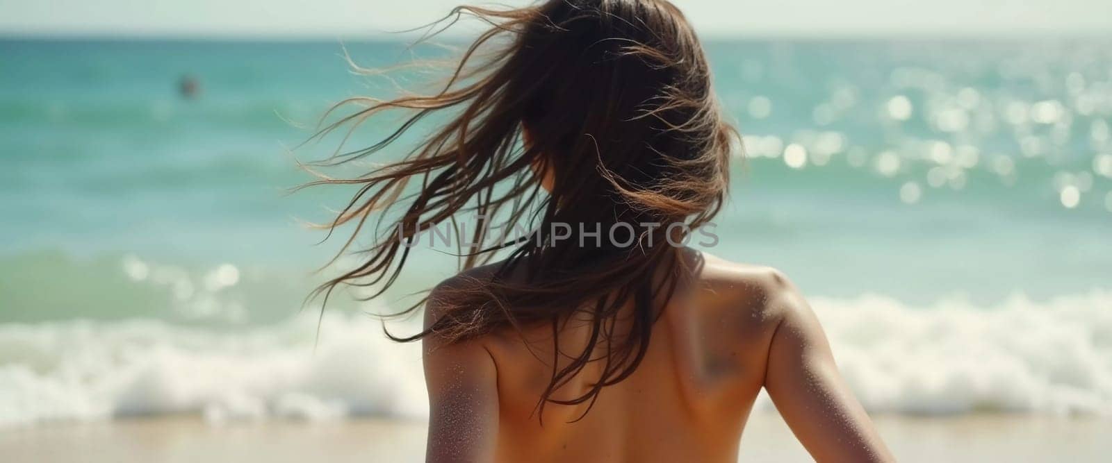 A brunette woman stands at the beach, her hair flowing in the breeze, enjoying a sunny day by the ocean while wearing a stylish swimsuit. The waves softly reach the shore. Generative AI.