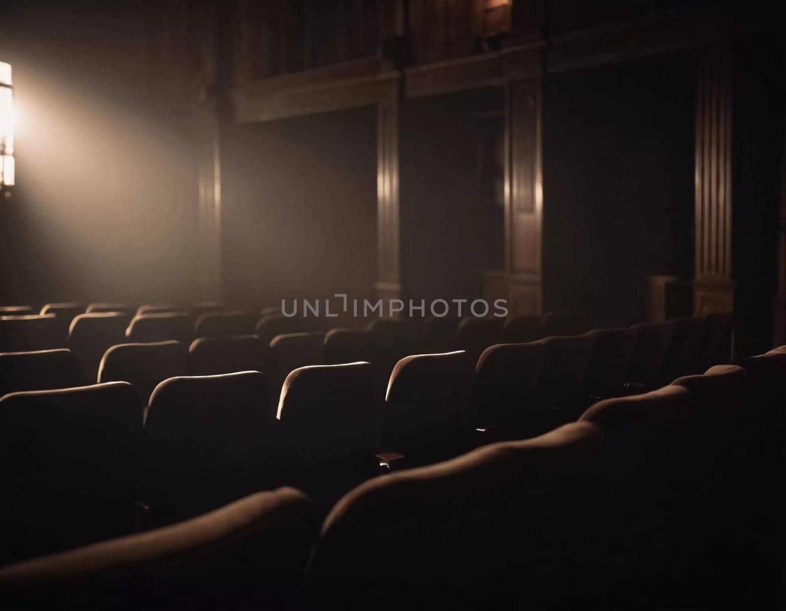 The atmosphere is thick with tension as shadows loom over rows of empty seats in a dimly lit theater, creating a chilling and suspenseful ambiance. Generative AI.