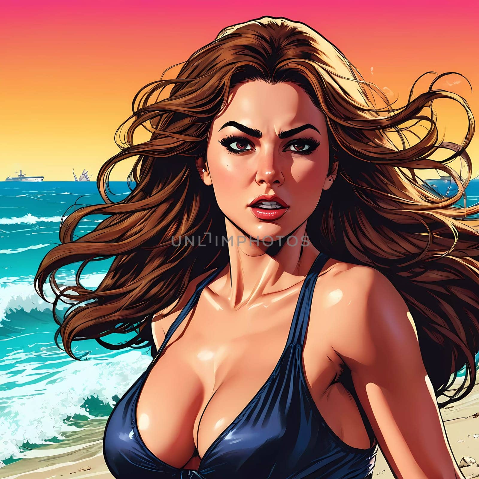 A woman enjoys a lively day at the beach, running along the shoreline in a swimsuit, her long hair flowing freely in the ocean breeze while the waves gently lap at her feet. Big bust. Generative AI.