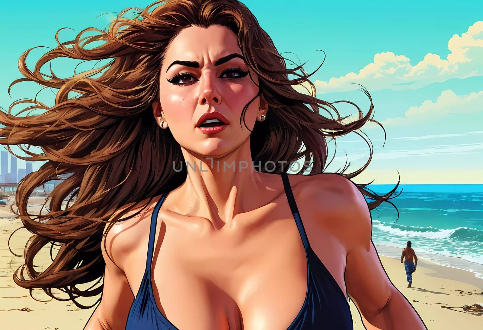 A woman enjoys a lively day at the beach, running along the shoreline in a swimsuit, her long hair flowing freely in the ocean breeze while the waves gently lap at her feet. Big bust. Generative AI.