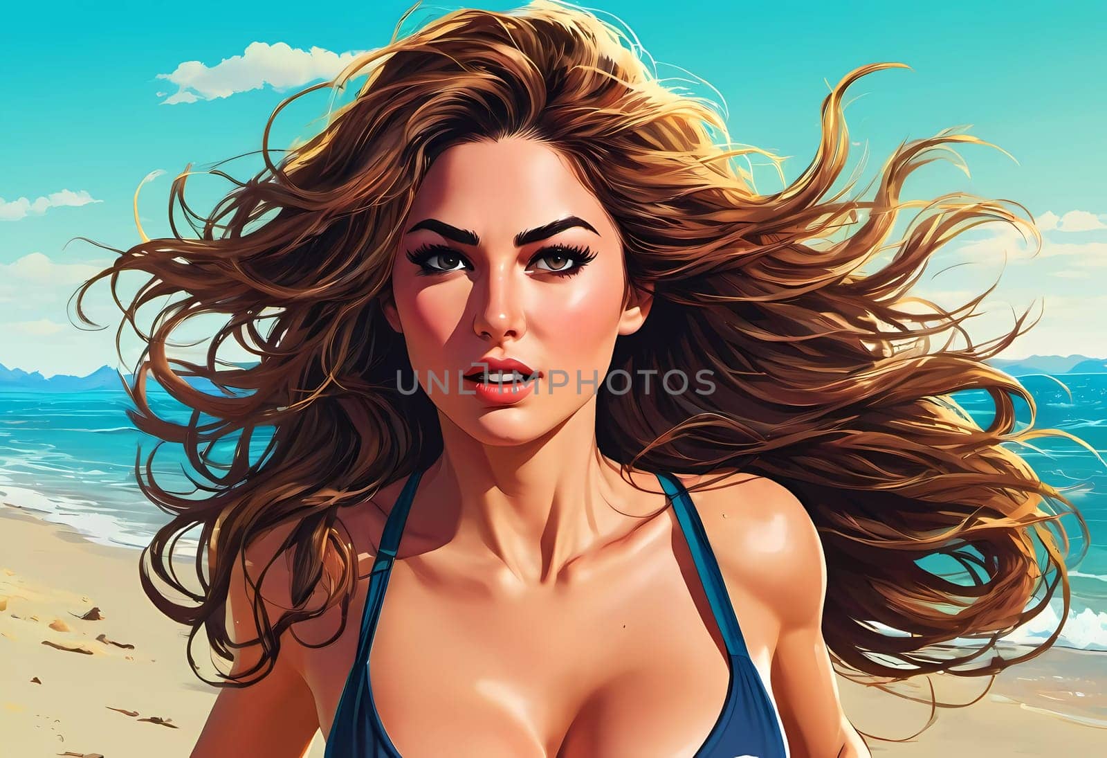 A woman enjoys a lively day at the beach, running along the shoreline in a swimsuit, her long hair flowing freely in the ocean breeze while the waves gently lap at her feet. Big bust. Generative AI.