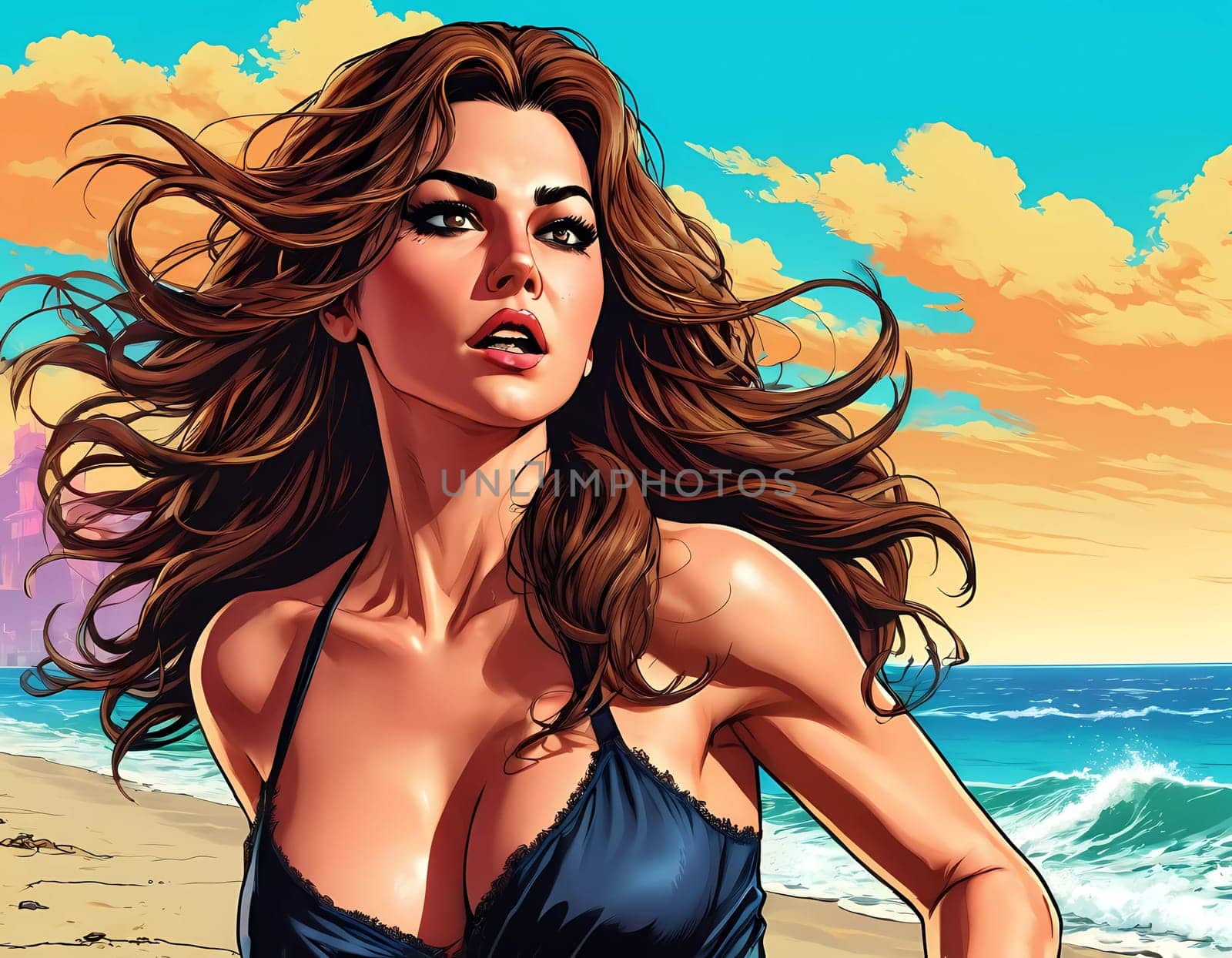 A woman enjoys a lively day at the beach, running along the shoreline in a swimsuit, her long hair flowing freely in the ocean breeze while the waves gently lap at her feet. Big bust. Generative AI.