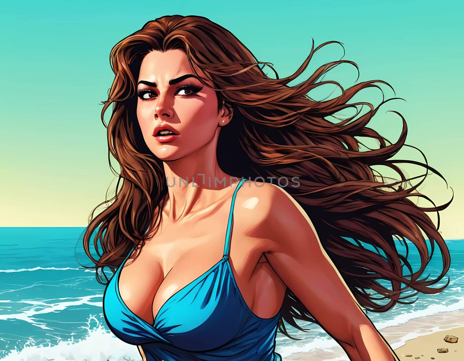 A woman enjoys a lively day at the beach, running along the shoreline in a swimsuit, her long hair flowing freely in the ocean breeze while the waves gently lap at her feet. Big bust. Generative AI.