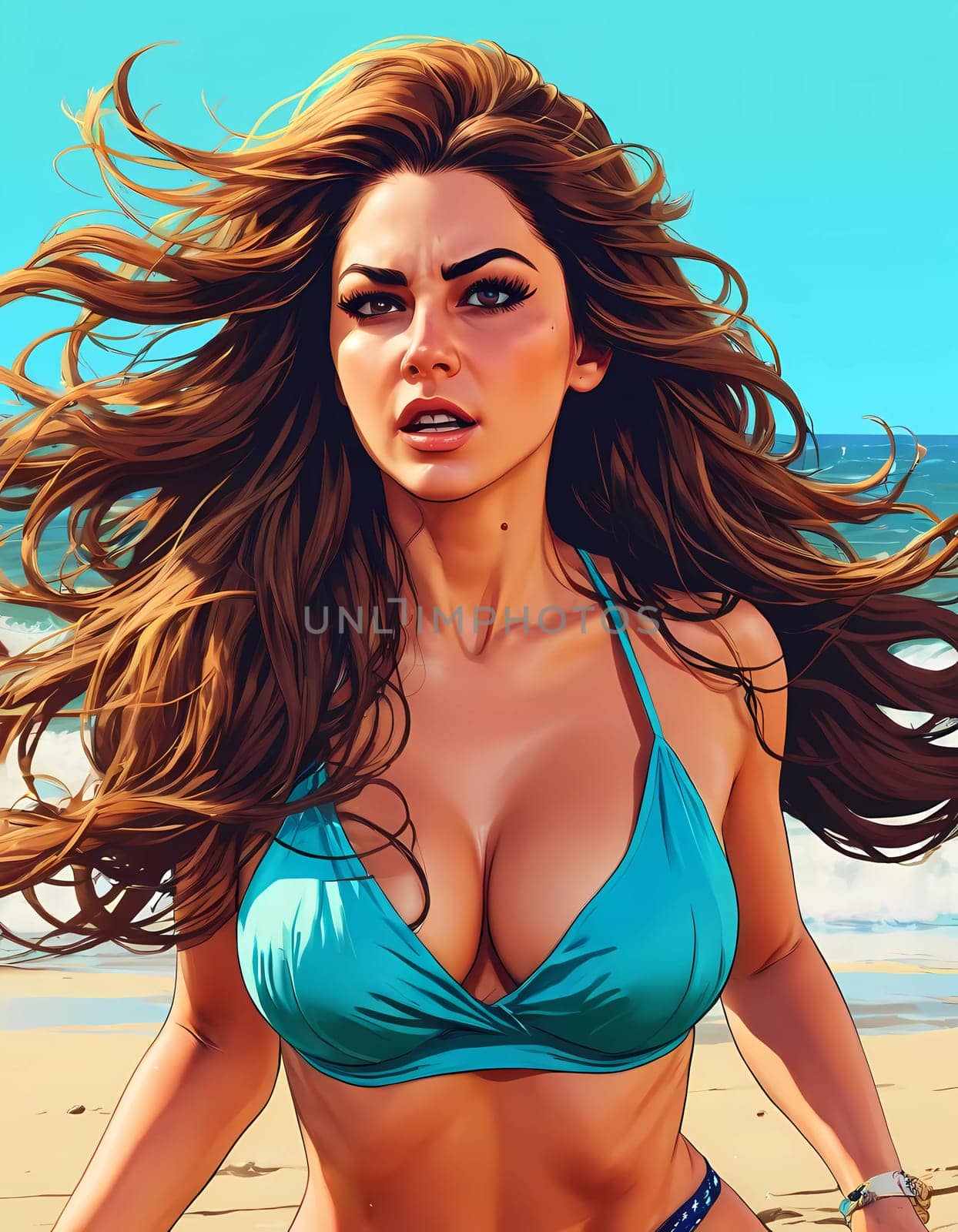 A woman enjoys a lively day at the beach, running along the shoreline in a swimsuit, her long hair flowing freely in the ocean breeze while the waves gently lap at her feet. Big bust. Generative AI.
