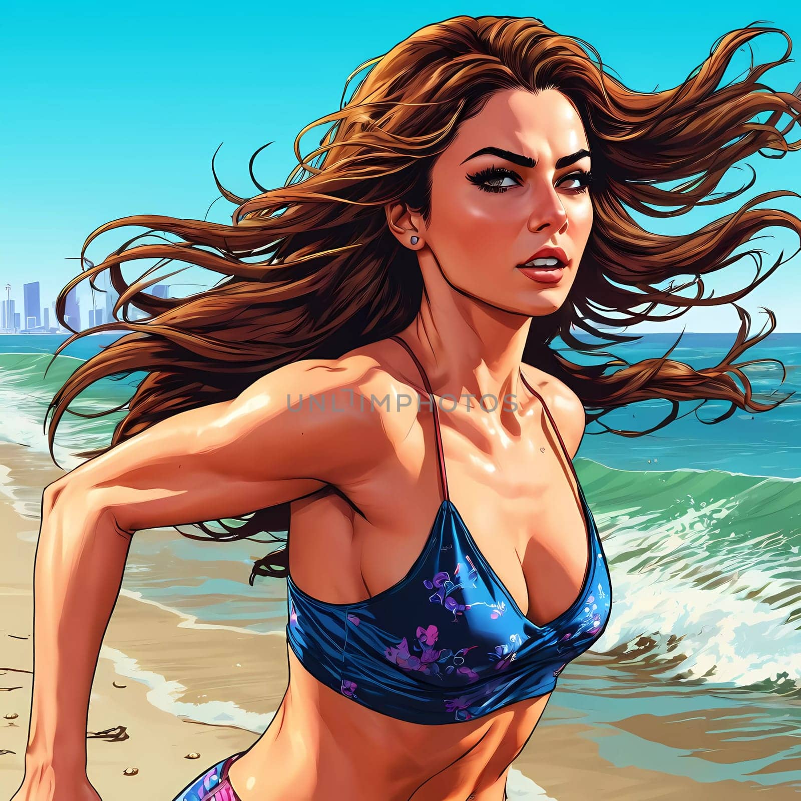 A woman enjoys a lively day at the beach, running along the shoreline in a swimsuit, her long hair flowing freely in the ocean breeze while the waves gently lap at her feet. Big bust. Generative AI.