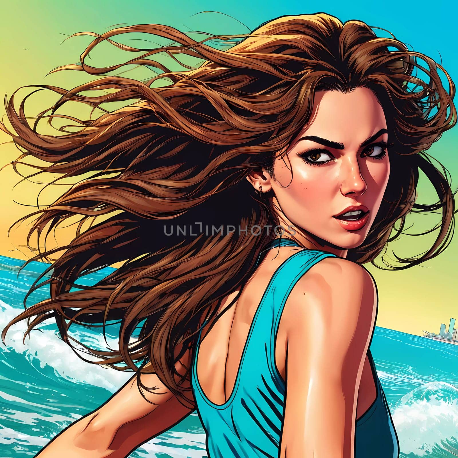 A woman enjoys a lively day at the beach, running along the shoreline in a swimsuit, her long hair flowing freely in the ocean breeze while the waves gently lap at her feet. Big bust. Generative AI.