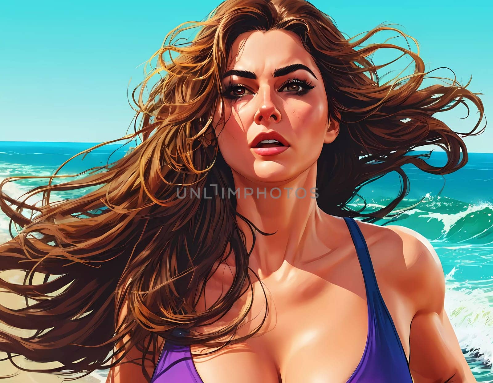 A woman enjoys a lively day at the beach, running along the shoreline in a swimsuit, her long hair flowing freely in the ocean breeze while the waves gently lap at her feet. Big bust. Generative AI.