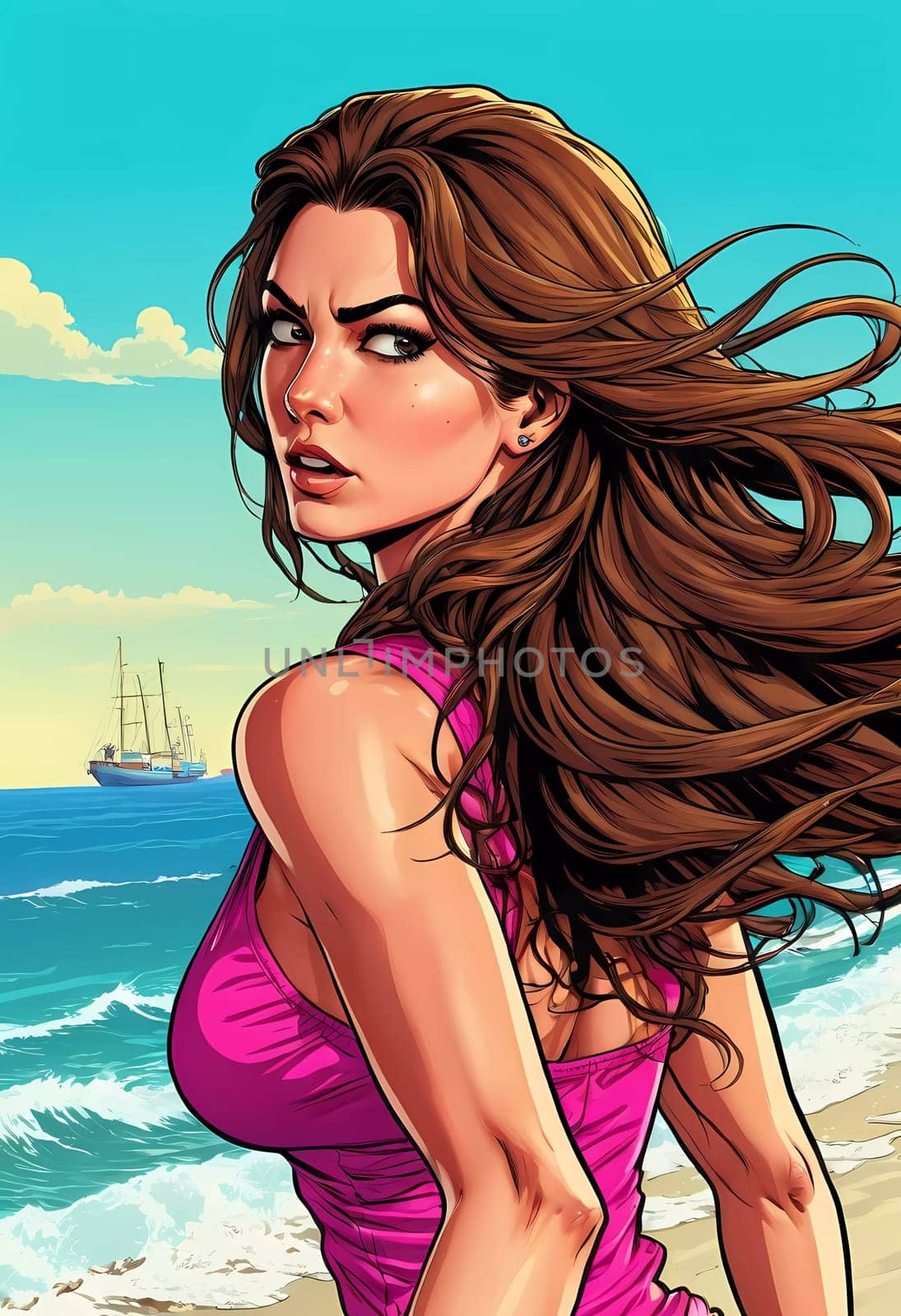 A woman enjoys a lively day at the beach, running along the shoreline in a swimsuit, her long hair flowing freely in the ocean breeze while the waves gently lap at her feet. Big bust. Generative AI.