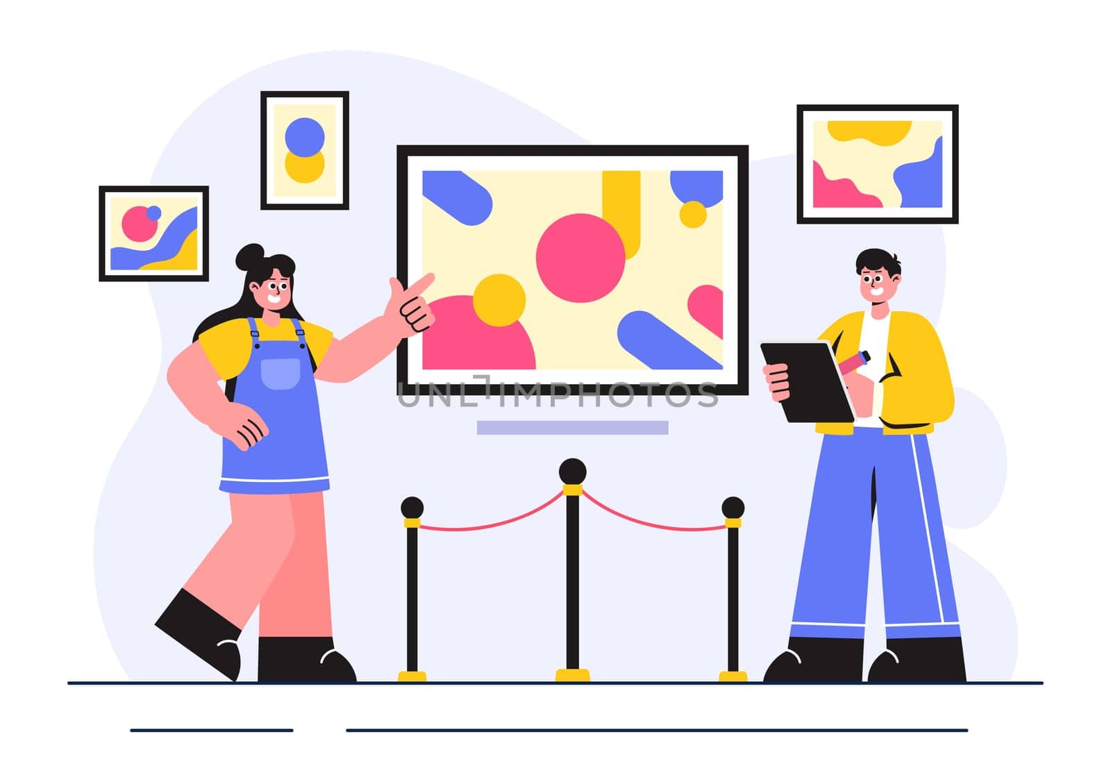 Photo Gallery Vector Illustration featuring Museum Visitors Viewing an Exhibition of Modern Abstract Paintings and Pictures in a Contemporary Design