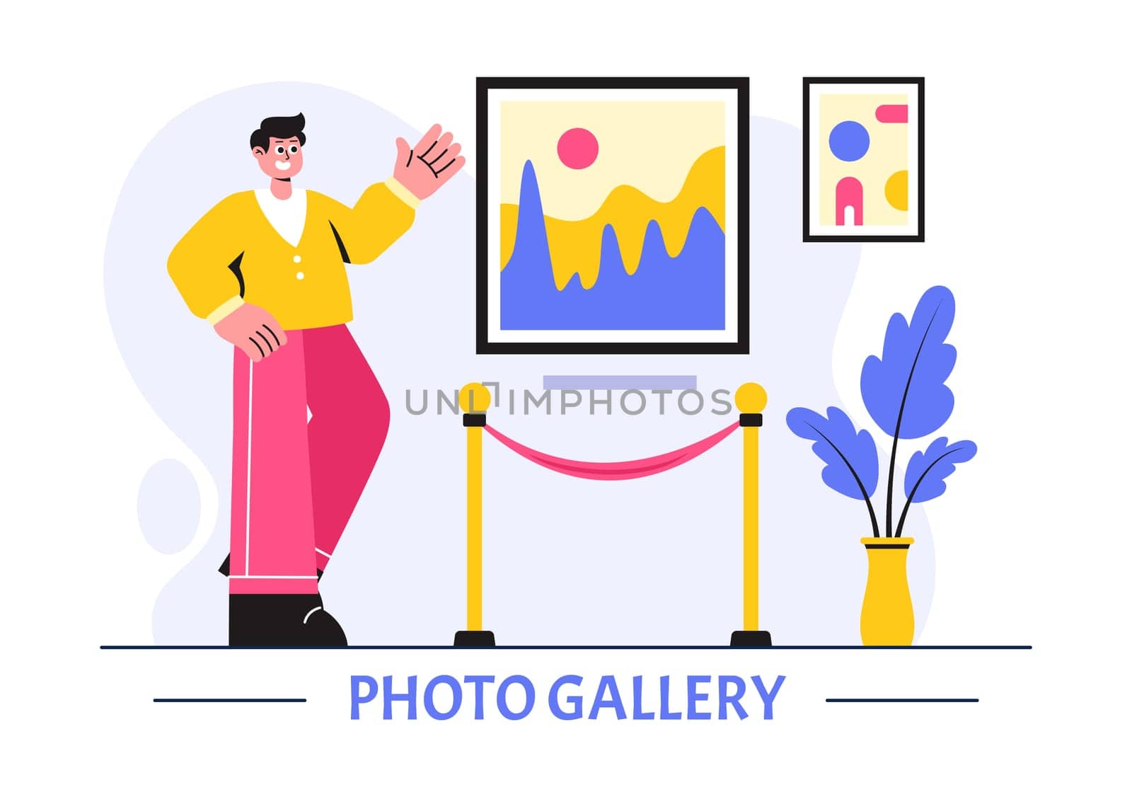 Photo Gallery Vector Illustration featuring Museum Visitors Viewing an Exhibition of Modern Abstract Paintings and Pictures in a Contemporary Design