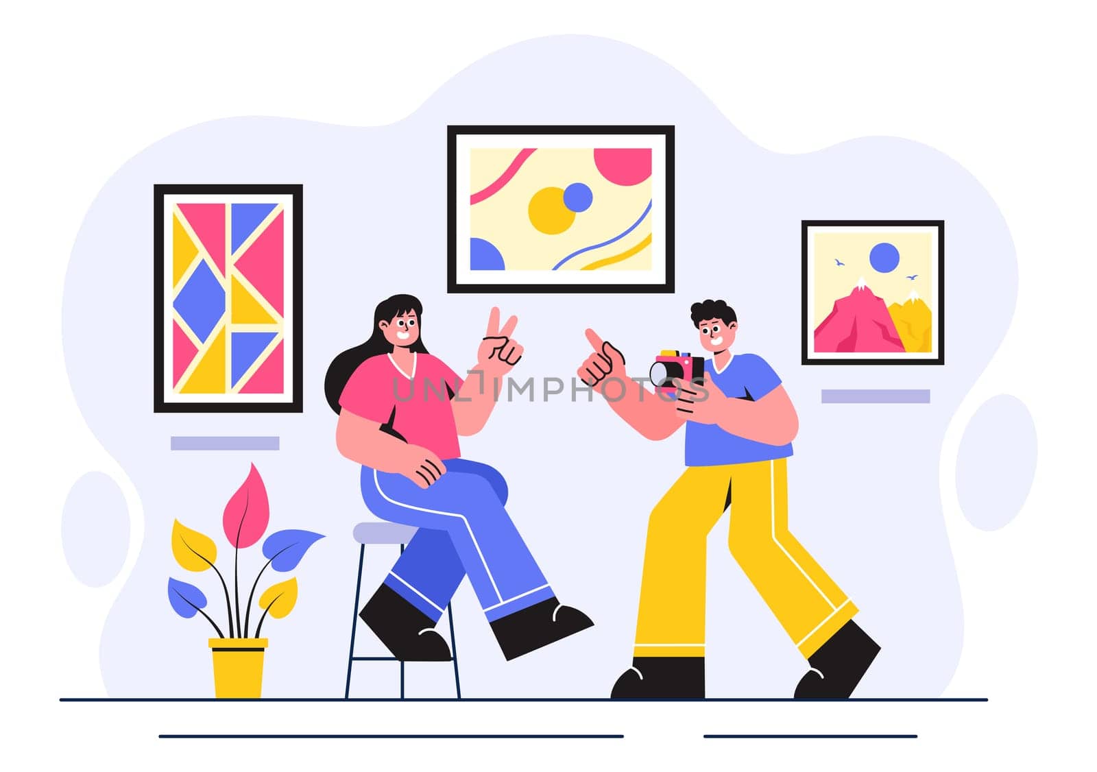 Photo Gallery Vector Illustration featuring Museum Visitors Viewing an Exhibition of Modern Abstract Paintings and Pictures in a Contemporary Design