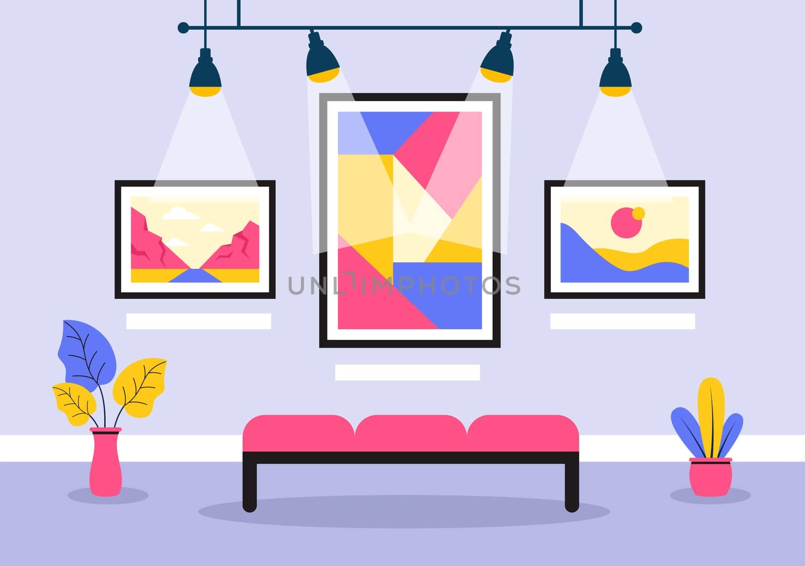 Photo Gallery Vector Illustration featuring Museum Visitors Viewing an Exhibition of Modern Abstract Paintings and Pictures in a Contemporary Design