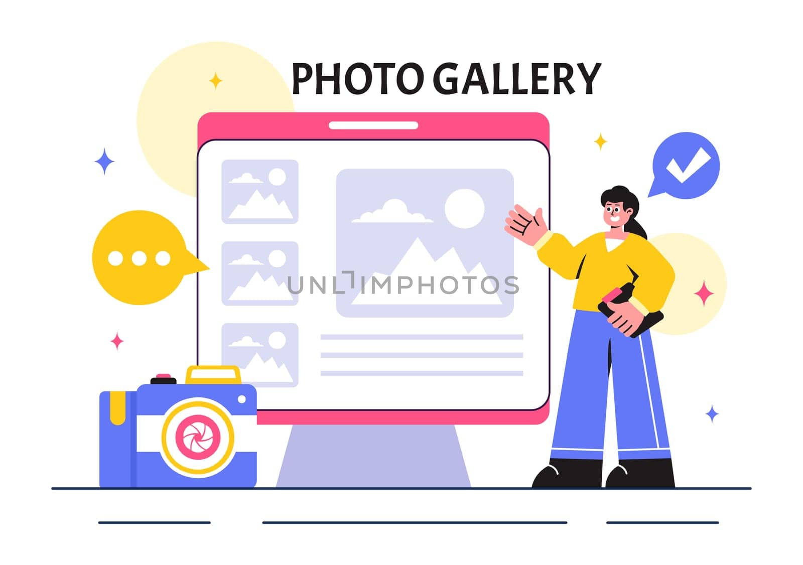 Photo Gallery Vector Illustration featuring Museum Visitors Viewing an Exhibition of Modern Abstract Paintings and Pictures in a Contemporary Design