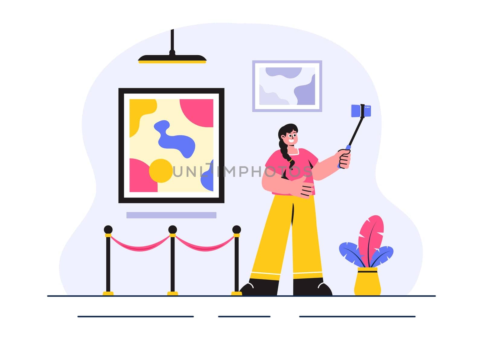 Photo Gallery Vector Illustration featuring Museum Visitors Viewing an Exhibition of Modern Abstract Paintings and Pictures in a Contemporary Design