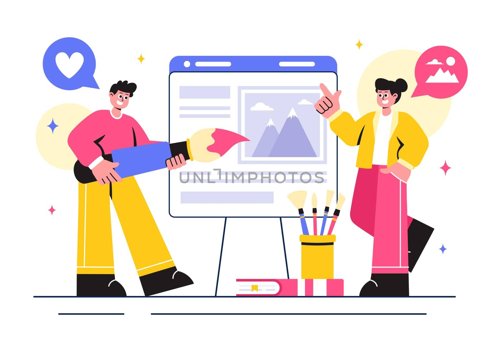 Photo Gallery Vector Illustration featuring Museum Visitors Viewing an Exhibition of Modern Abstract Paintings and Pictures in a Contemporary Design