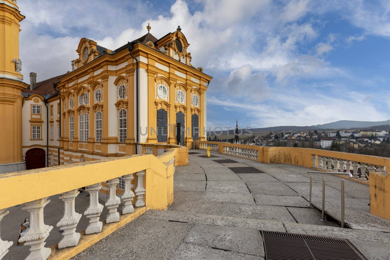 Melk, Austria - February 24, 2023: Melk Abbey, view of courtyard and terrace in front of Collegiate Church, St. Peter and St. Paul church