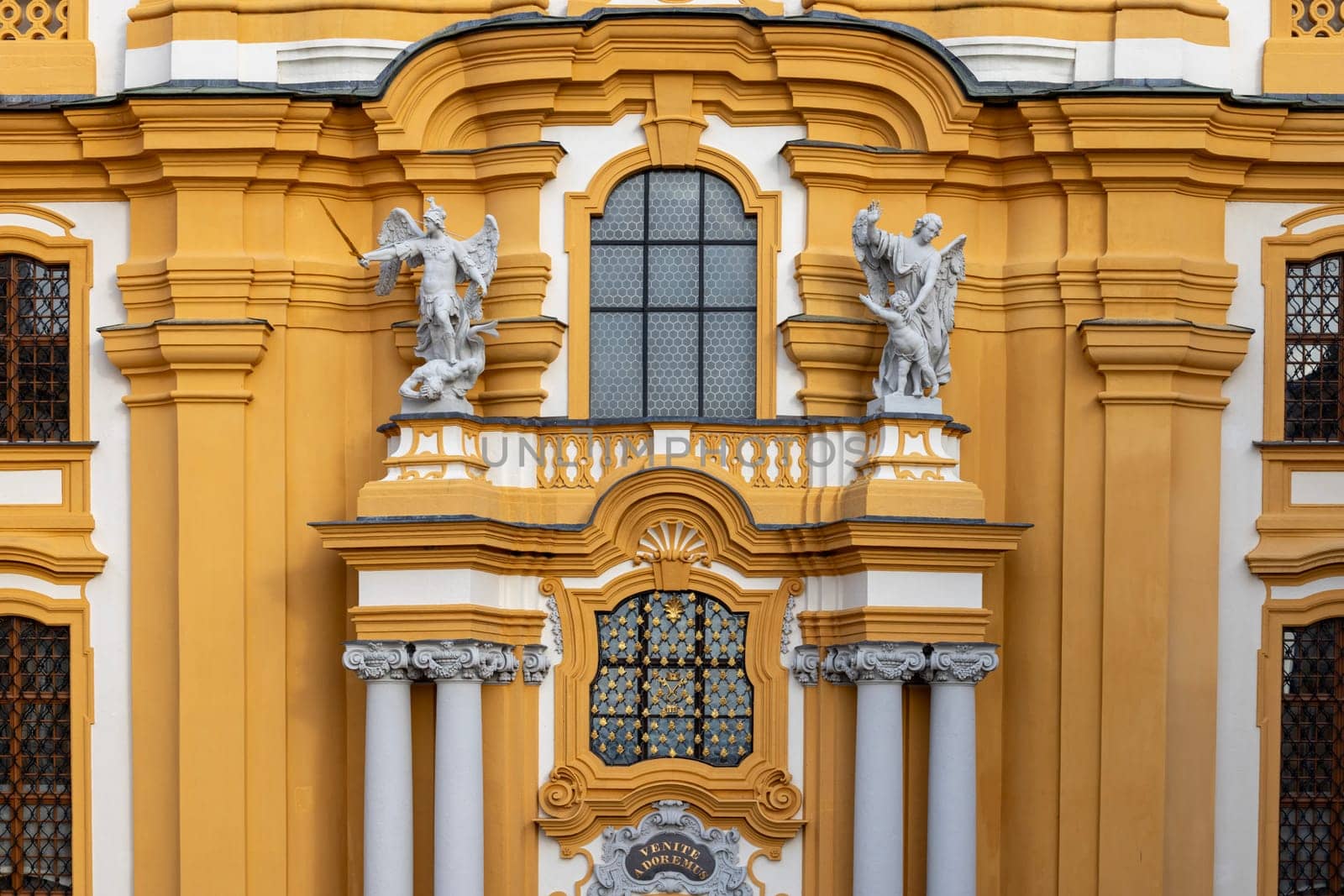 Melk, Austria - February 24, 2023: Melk Abbey, view of facade of Collegiate Church, St. Peter and St. Paul church