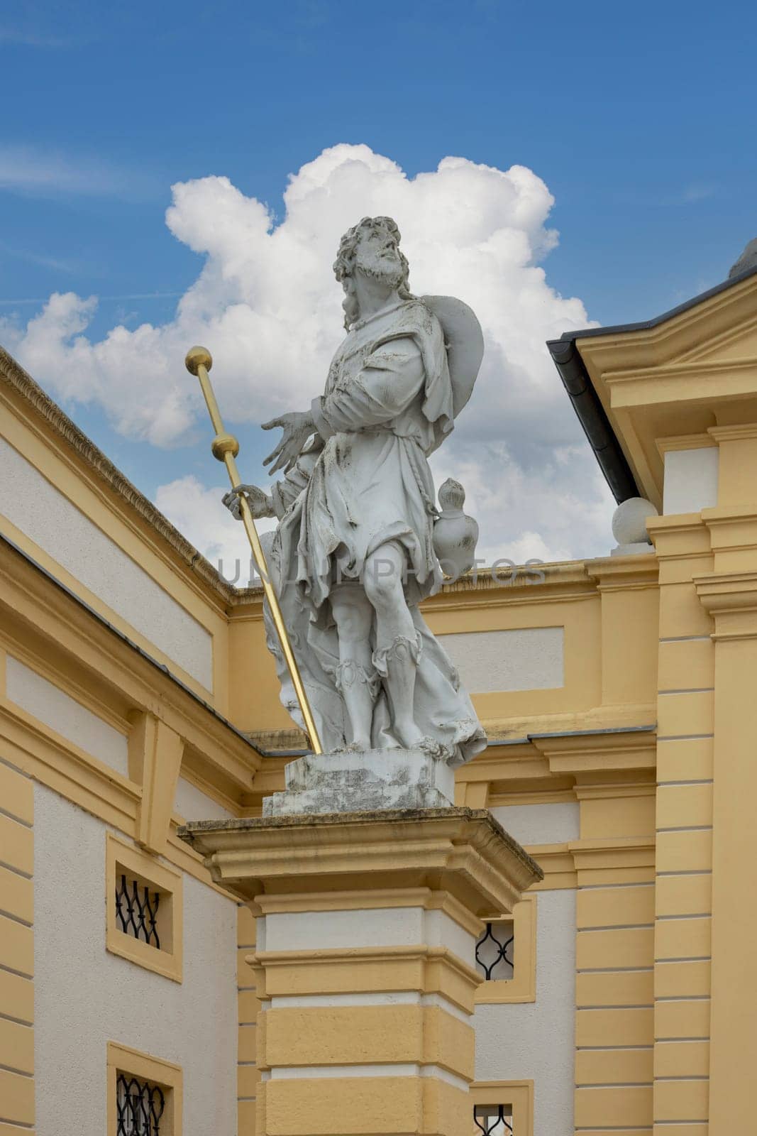 Melk, Austria - February 24, 2023: Melk Abbey on hill above town, main entrance. It was was founded in 11th century, today's baroque abbey was built in 18th century