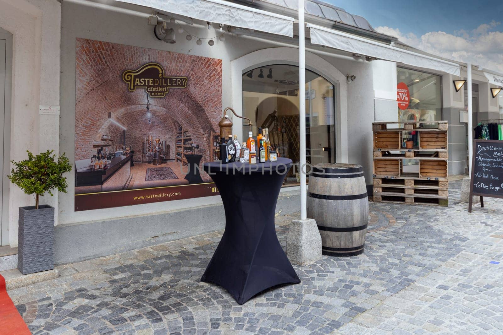 Melk, Austria - February 24, 2023: Outdoor restaurant on Sterngasse street
