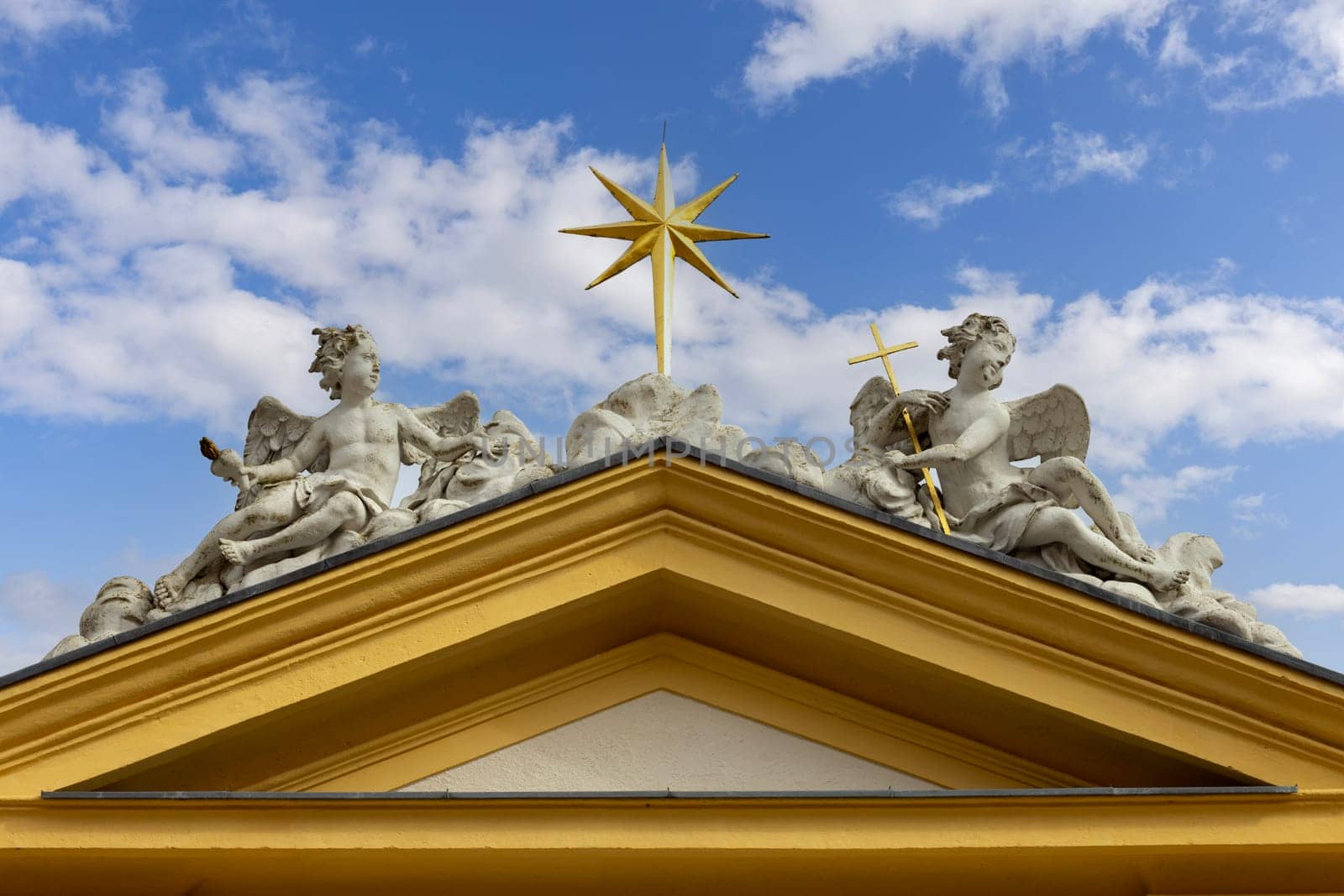 Melk, Austria - February 24, 2023: Melk Abbey on hill above town, main entrance. It was was founded in 11th century, today's baroque abbey was built in 18th century