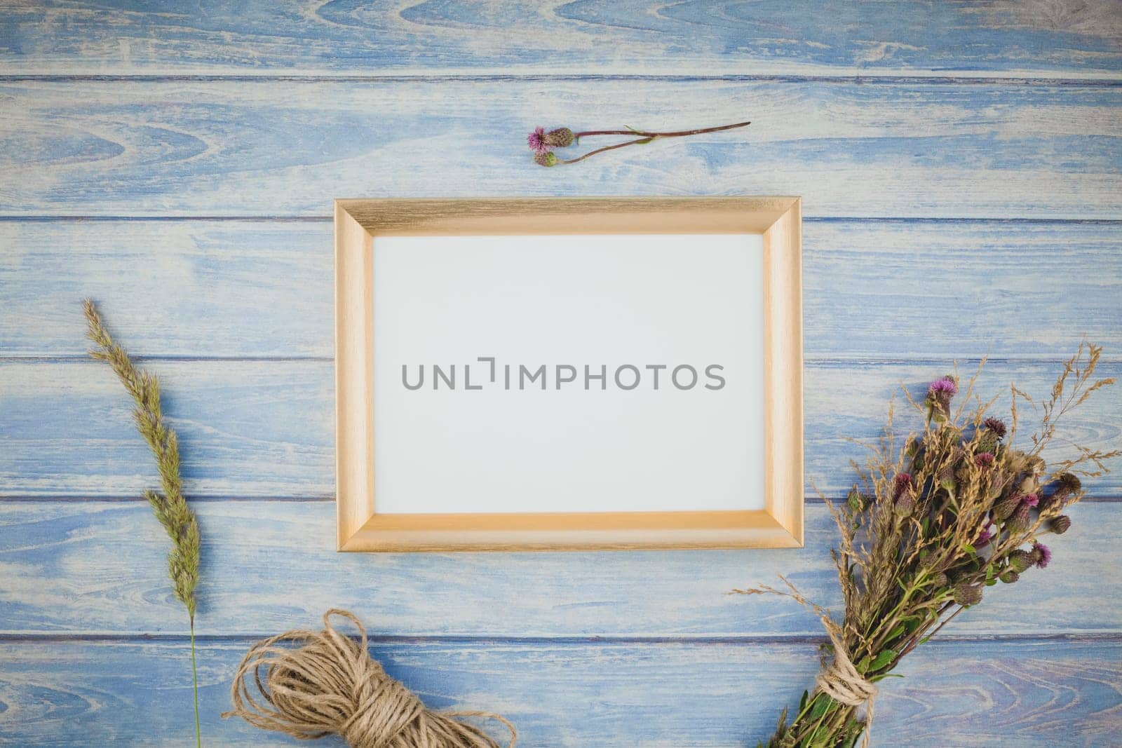 Top view of autumn orange pumpkins and dry flowers with grass thanksgiving background over blue toned wooden table with golden frame mock up and copy space in rustic style, template for text