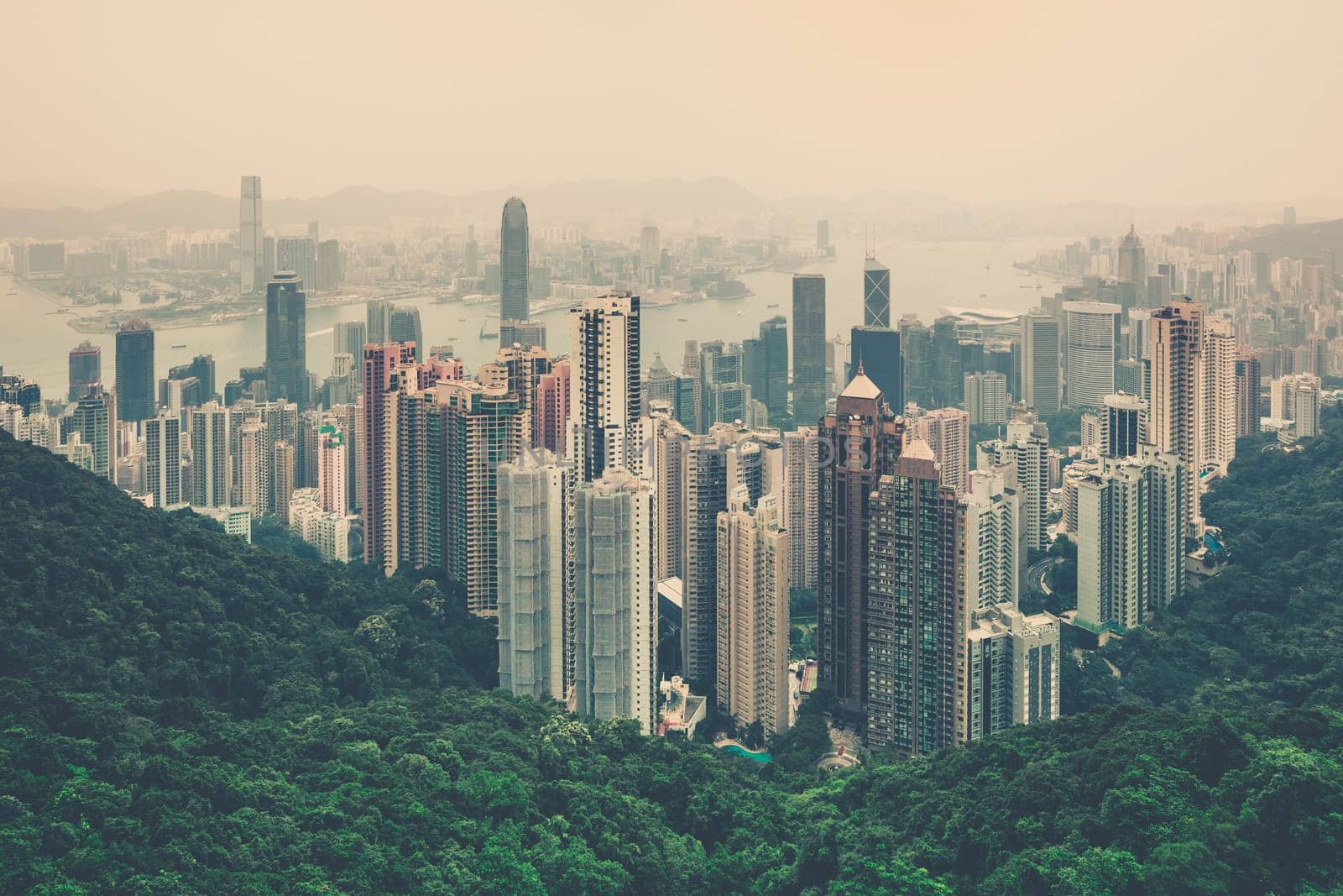 Haze Hong Kong downtown view from Victoria peak. Filtered shot