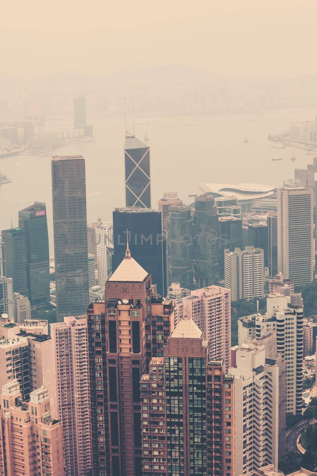Haze Hong Kong downtown view from Victoria peak. Filtered shot