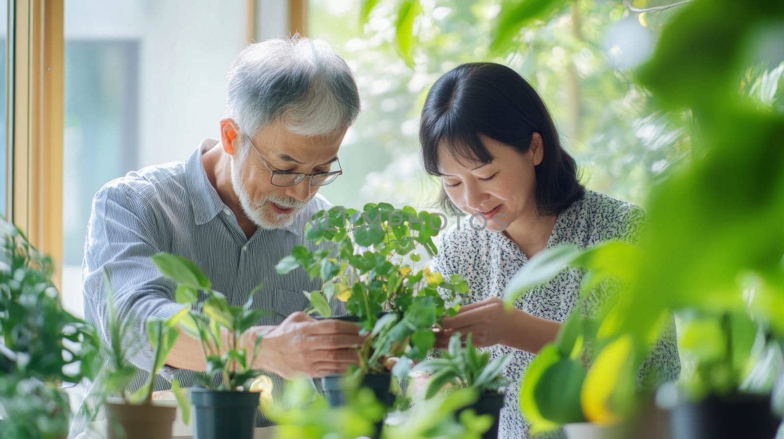 Couple caring houseplants at home. Multiracial middle aged man and woman with green plants. AI Generated