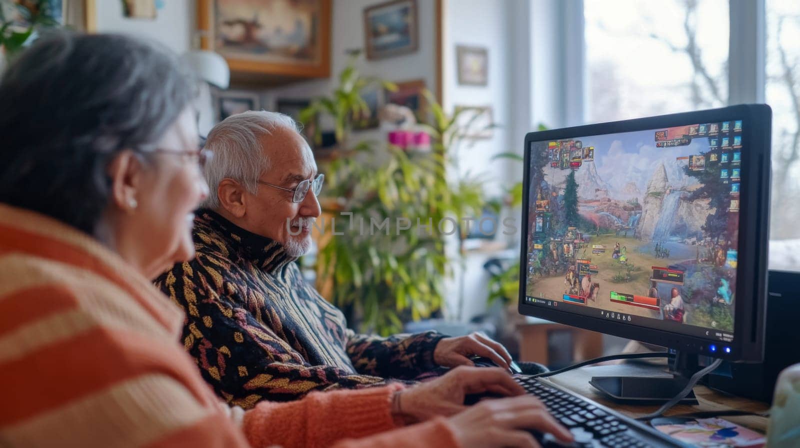 Senior multiracial couple enjoying video game together on computer monitors, concept of leisure