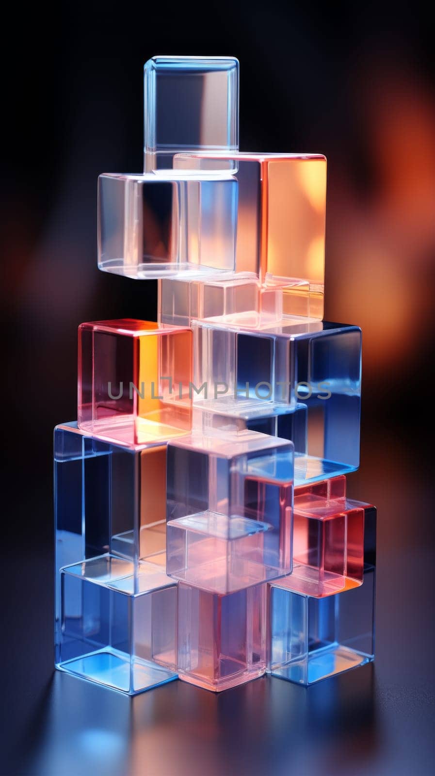 Abstract background of reflective neon purple, blue and orange glass cubes with copy space, AI generated