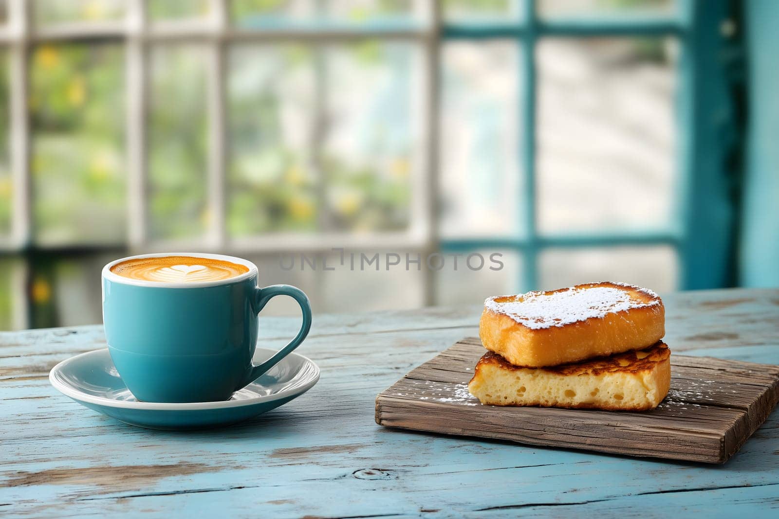 serene cafe scene featuring a blue mug of coffee and powdered french toast on a rustic wooden table. AI generated image