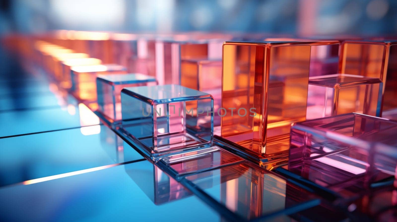 Abstract background of reflective neon purple, blue and orange glass cubes with copy space, AI generated